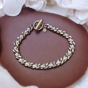 Signed Heavy Gold-Tone Chain Weaved with White Leather Lace 15"Choker